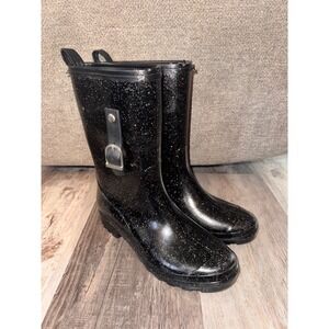 Capelli New York Womens Black Glitter Rain Boots Mid Calf Rubber Size 6